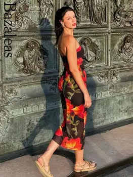 2023 Bazaleas חנות Traf סקסי ללא שרוולים ללא משענת סטרפלס שמלות Midi אדום פרחוני הדפסה Bodycon שמלת קיץ נשים הרשמי